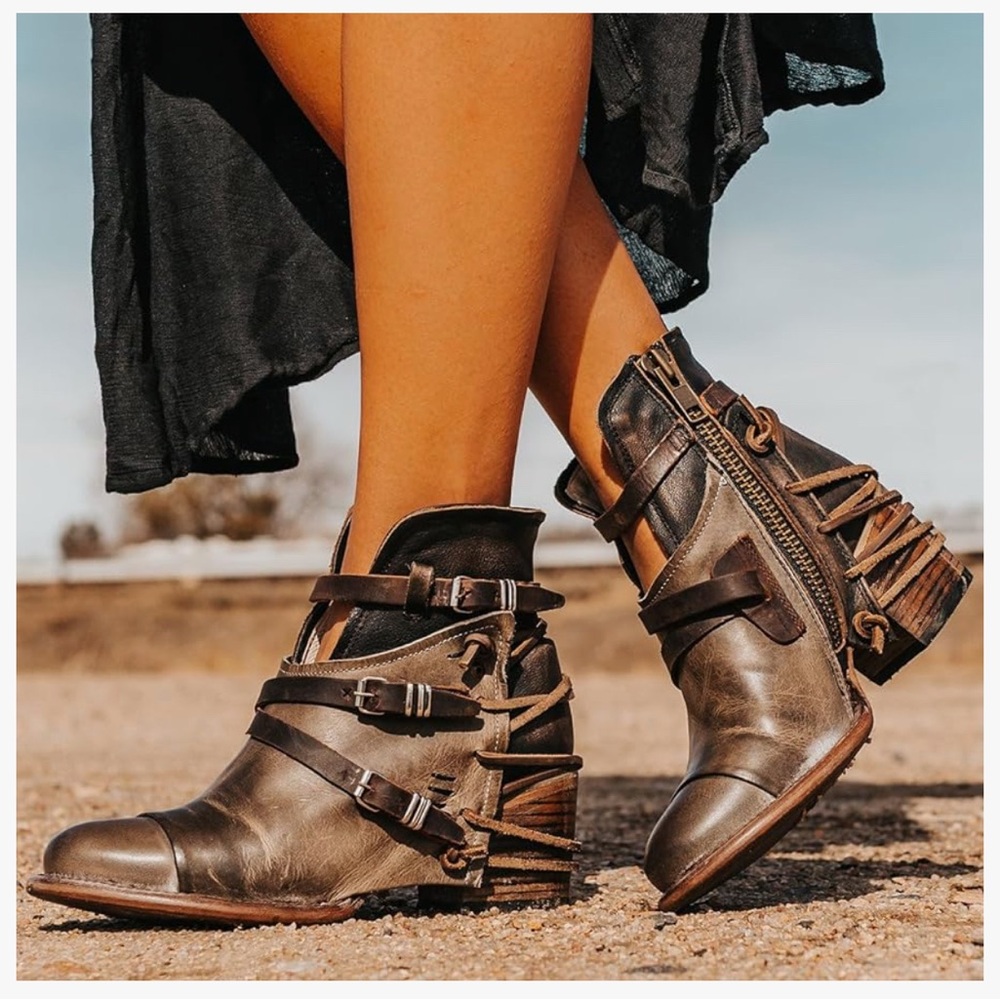 Freebird Crue Leather Distressed Booties in Grey Multi size 8
